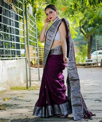 Royal Purple Banarasi Style Soft Silk Saree - Silver Zari Butta Work & Intricate Pallu