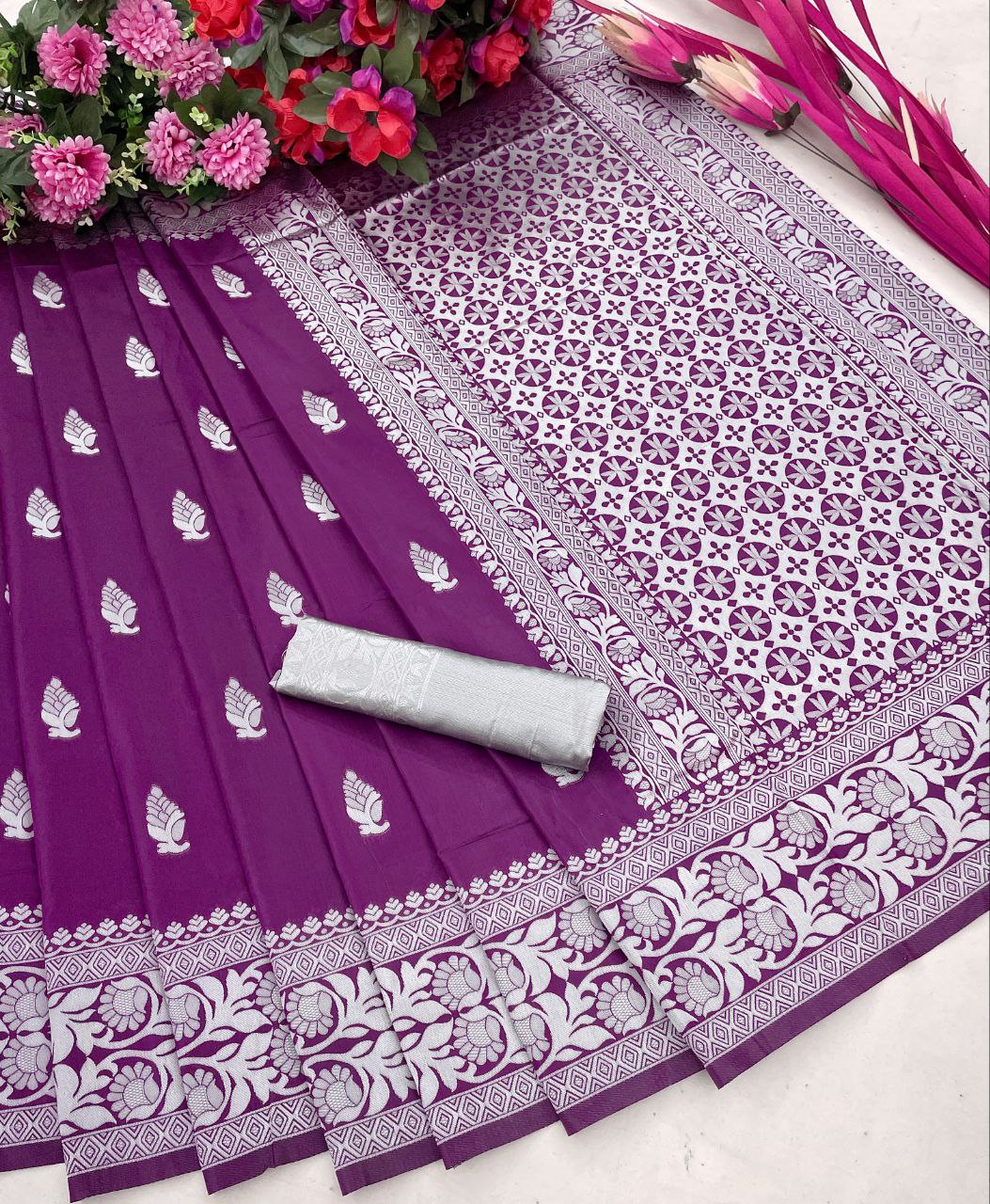 Royal Purple Banarasi Style Soft Silk Saree - Silver Zari Butta Work & Intricate Pallu
