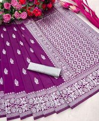 Royal Purple Banarasi Style Soft Silk Saree - Silver Zari Butta Work & Intricate Pallu