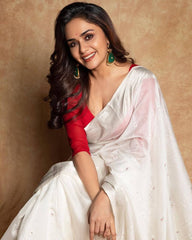 Ivory White Chanderi Silk Saree with Crimson Red Butti & Contrast Blouse Piece