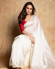 Ivory White Chanderi Silk Saree with Crimson Red Butti & Contrast Blouse Piece