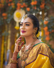 Traditional Bridal Pattu Saree – Yellow & Maroon Zari Border with Maggam Work Blouse Piece