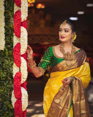 Traditional Bridal Pattu Saree – Yellow & Maroon Zari Border with Maggam Work Blouse Piece