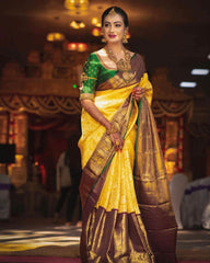 Traditional Bridal Pattu Saree – Yellow & Maroon Zari Border with Maggam Work Blouse Piece