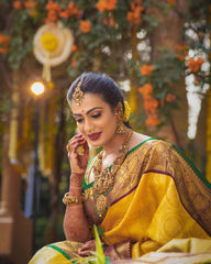 Traditional Bridal Pattu Saree – Yellow & Maroon Zari Border with Maggam Work Blouse Piece