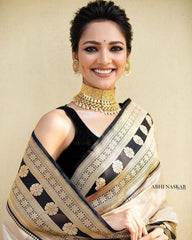 Cream & Black Banarasi Style Soft Silk Saree – Floral Butti Design with Rich Zari Pallu