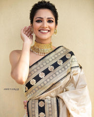 Cream & Black Banarasi Style Soft Silk Saree – Floral Butti Design with Rich Zari Pallu
