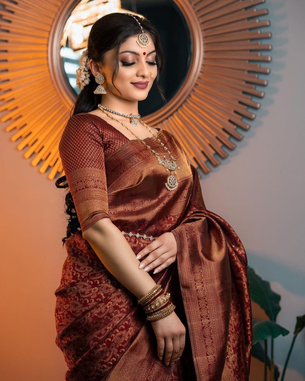 Royal Maroon & Copper Silk Saree with Antique Zari Work | Elegant Paisley Butta Design & Matching Blouse Piece