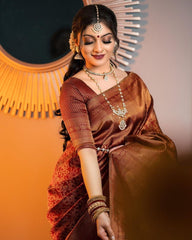 Royal Maroon & Copper Silk Saree with Antique Zari Work | Elegant Paisley Butta Design & Matching Blouse Piece