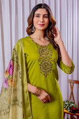 Elegant Lime Green Silk Embroidered Kurta Set with Floral Organza Dupatta
