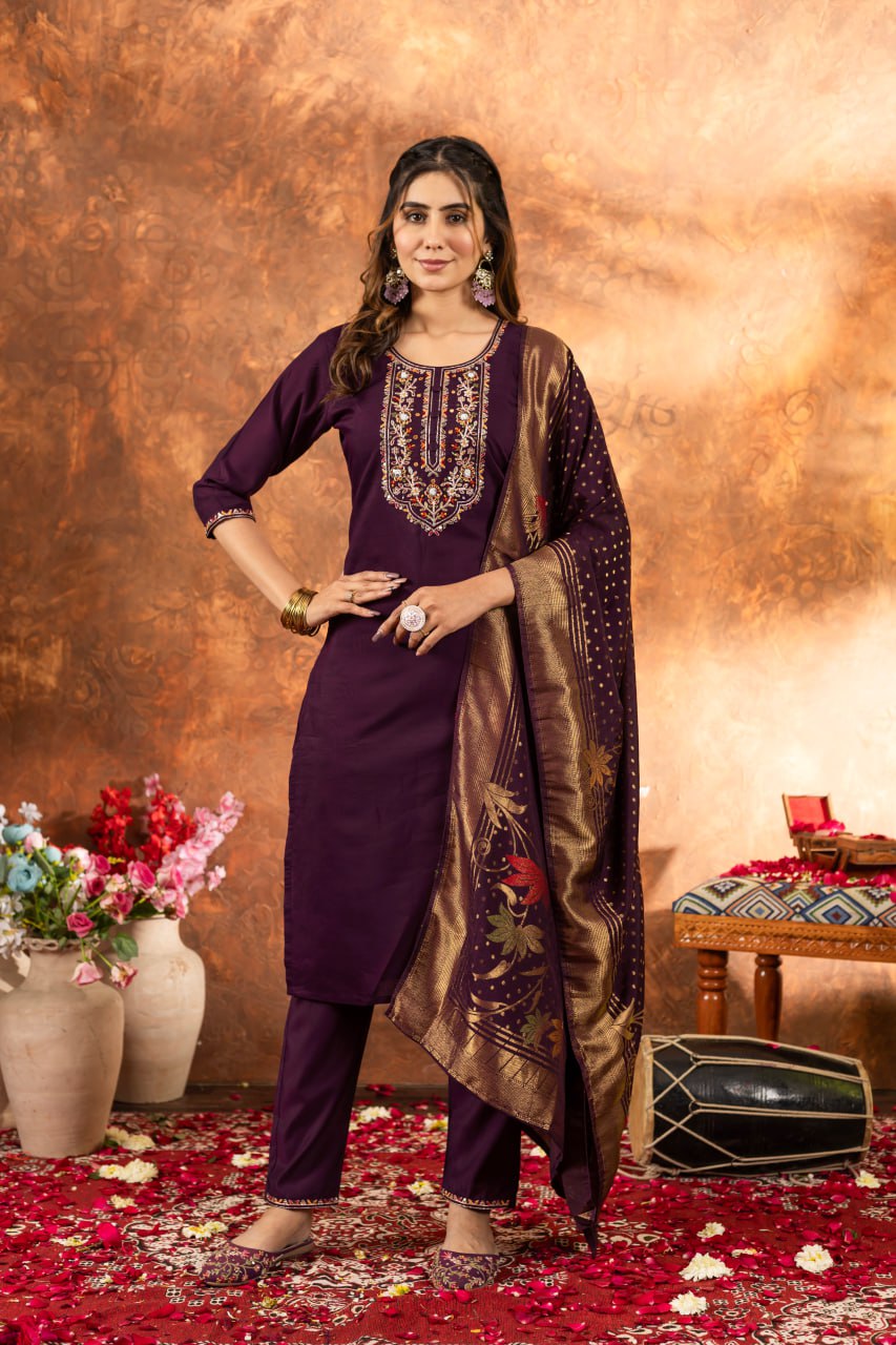 Royal Wine Purple Embroidery Kurta Set with Banarasi Silk Dupatta