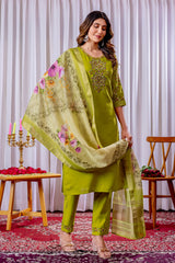 Elegant Lime Green Silk Embroidered Kurta Set with Floral Organza Dupatta
