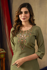 Premium Mehendi Green Ethnic Wear - Heavy Neck Embroidery Kurta with Digital Print Dupatta