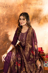 Royal Wine Purple Embroidery Kurta Set with Banarasi Silk Dupatta