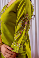 Elegant Lime Green Silk Embroidered Kurta Set with Floral Organza Dupatta