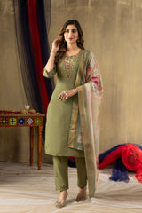 Premium Mehendi Green Ethnic Wear - Heavy Neck Embroidery Kurta with Digital Print Dupatta