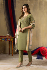 Premium Mehendi Green Ethnic Wear - Heavy Neck Embroidery Kurta with Digital Print Dupatta
