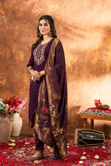 Royal Wine Purple Embroidery Kurta Set with Banarasi Silk Dupatta