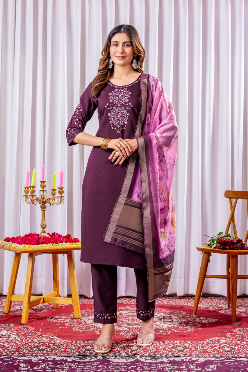 Elegant Wine Embroidered Straight Kurta with Pant and Floral Organza Dupatta Set