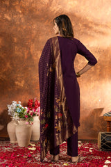 Royal Wine Purple Embroidery Kurta Set with Banarasi Silk Dupatta