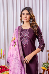 Elegant Wine Embroidered Straight Kurta with Pant and Floral Organza Dupatta Set