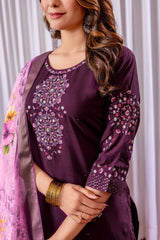Elegant Wine Embroidered Straight Kurta with Pant and Floral Organza Dupatta Set