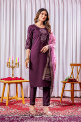 Elegant Wine Embroidered Straight Kurta with Pant and Floral Organza Dupatta Set