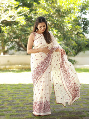 Elegant Off-White Floral Printed Saree with Designer Sleeveless Blouse Set