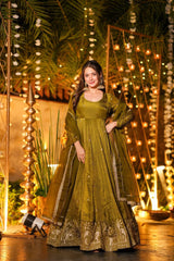 Elegant Olive Green Silk Anarkali Gown with Heavy Zari Border & Matching Dupatta