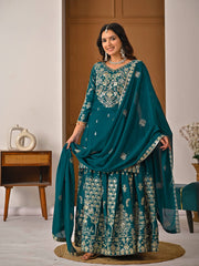 Designer Teal Blue Kurta-Sharara Set with Heavily Ornamented Border & Exquisite Handwork