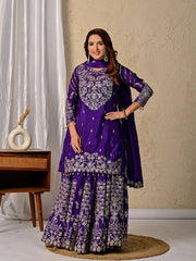 Royal Purple Silk Kurta Set with Embroidered Sharara and Dupatta - Wedding Wear