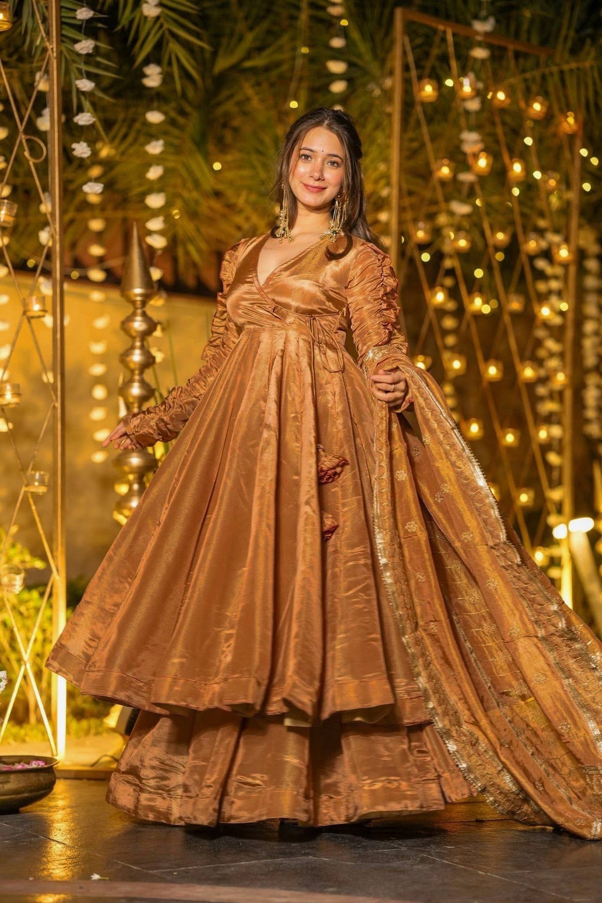 Elegant Copper-Gold Silk Anarkali Suit with Ruched Sleeves & Matching Dupatta