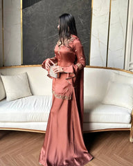 Luxurious Rust Brown Satin Sharara Set with Embroidery & Bell Sleeves