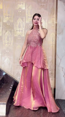 Indo-Western Party Wear: Mauve Pink Silk Blend Peplum Kurti and Flared Sharara