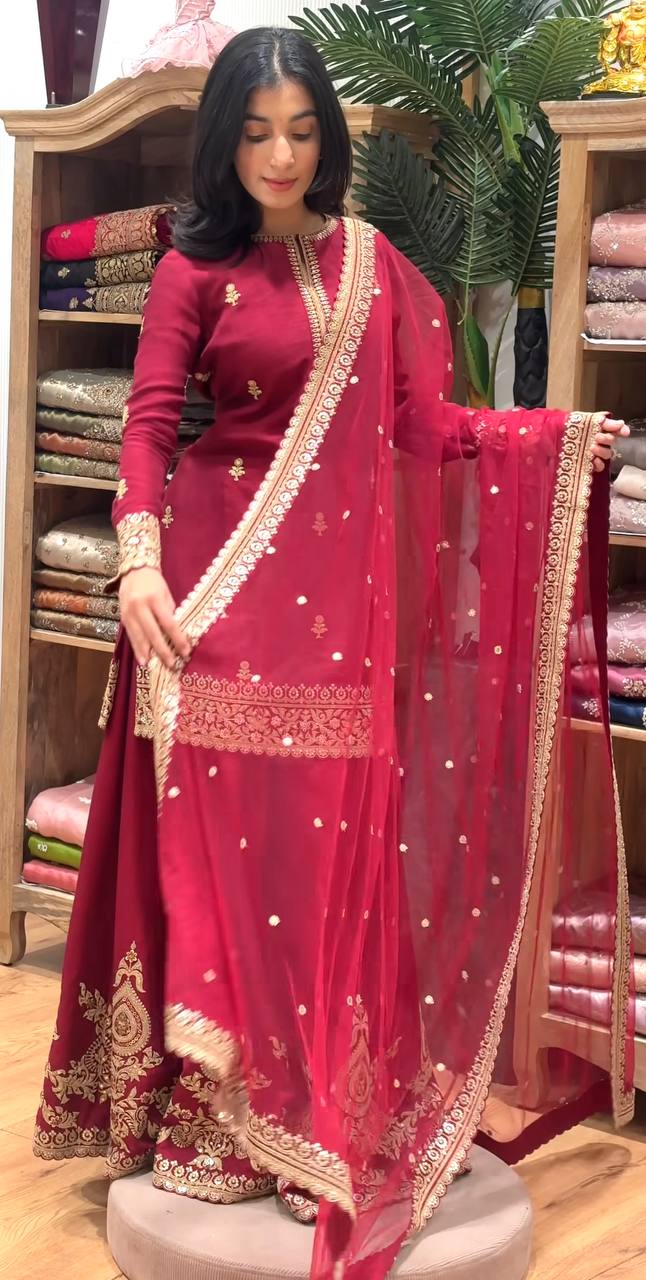 Designer Maroon Festive Wear Sharara Set – Heavily Embroidered Kurti & Flared Bottom
