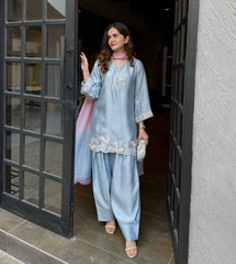 Designer Sky Blue Ethnic Suit for Women – Embroidered V-Neck Kurta with Palazzo and Dupatta Set