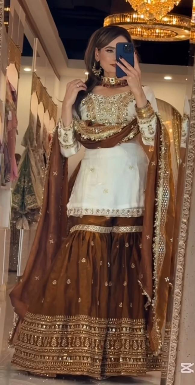 Elegant Off-White & Coffee Brown Georgette Sharara Suit with Heavy Gotta Patti Work