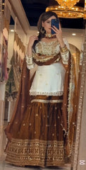 Elegant Off-White & Coffee Brown Georgette Sharara Suit with Heavy Gotta Patti Work