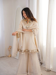 Designer Off-White Georgette Sharara Suit – Mirror Embroidered Neckline with Cowrie Shell Latkans