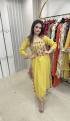 Elegant Lime Yellow mirror and pom-pom embroidered ethnic set, perfect for festive wear