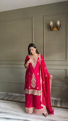 Deep Pink Zari Embroidered Silk Kurta with Matching Palazzo & Dupatta Set
