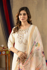Festive Special Cream Pant-Suit Set with Intricate Neckline Embroidery & Digital Print Dupatta