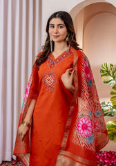 Festive Wear Embroidered Orange Salwar Suit Set with Zari Border Dupatta for Women