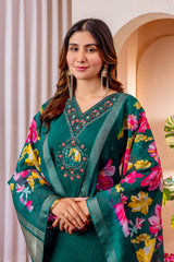Elegant Bottle Green Silk Blend Kurta Set with Floral Organza Dupatta