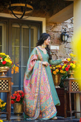 Elegant Sage Green Layered Flared Suit with Traditional Weaved Dupatta