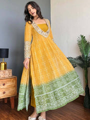Mustard Yellow & Sage Green Bandhani Print Anarkali Kurta with Mirror Work