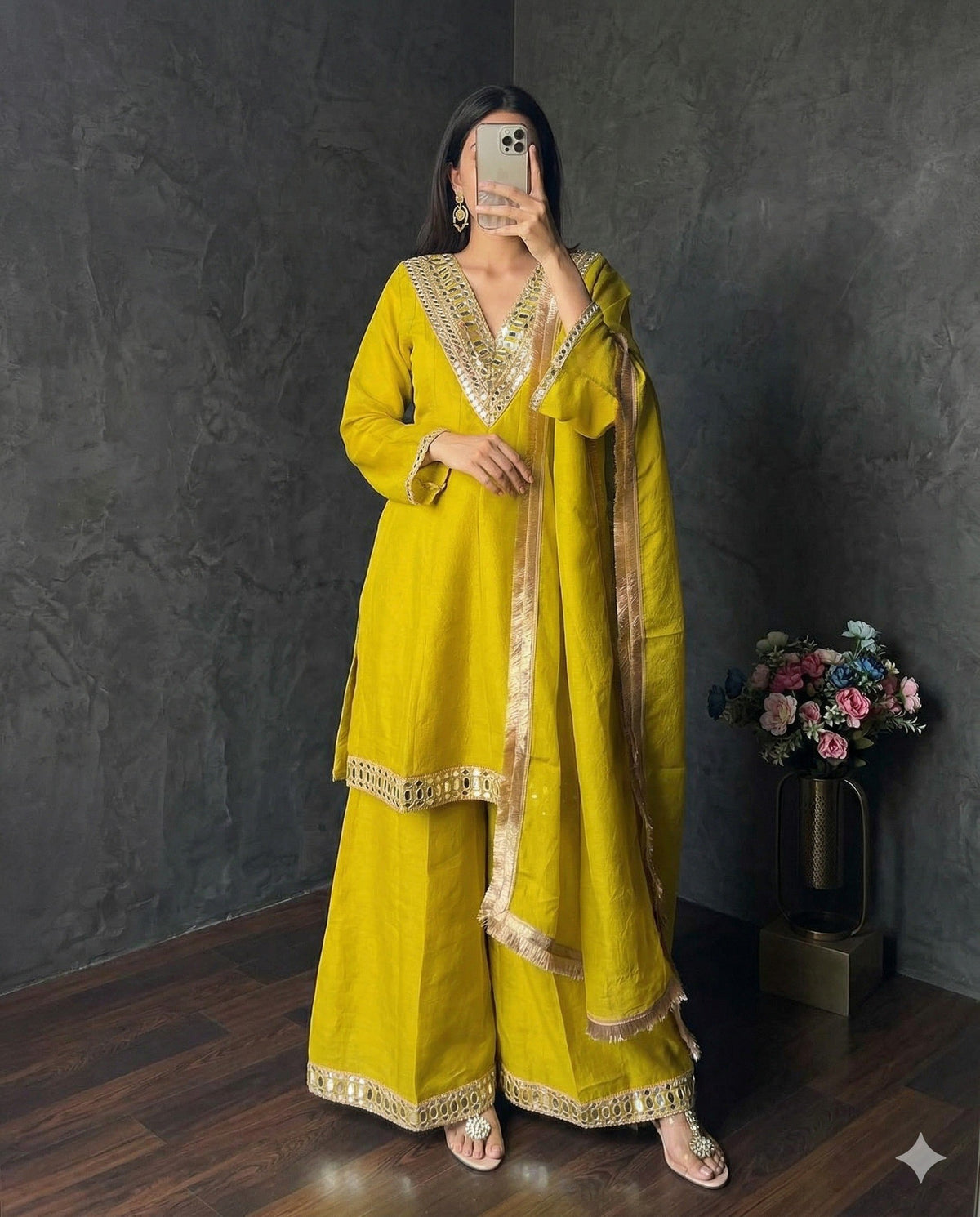Designer Mustard Yellow Kurti with Mirror Border and Matching Palazzos
