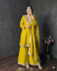 Designer Mustard Yellow Kurti with Mirror Border and Matching Palazzos
