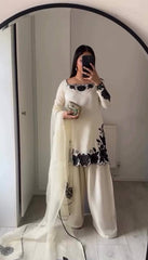 Designer White Silk Kurti with Palazzo and Matching Dupatta Set