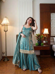 Silk Blend Sharara Kurta Set with Embroidered Borders & Matching Dupatta